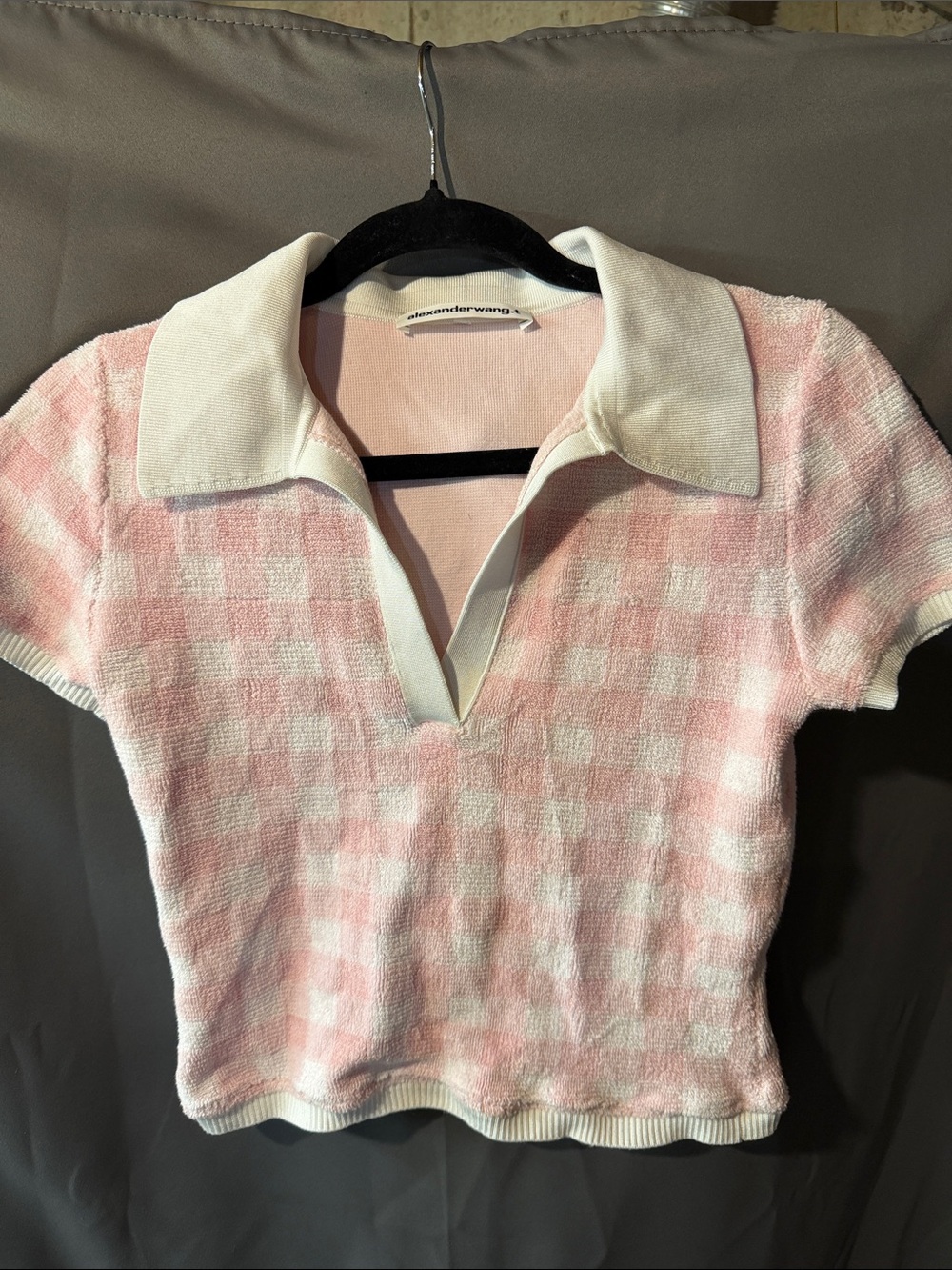 Alexander Wang Pink & White Checked Knit Polo Crop Top